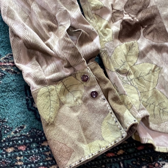 Suede-like leaf pattern Jane Doe brand Shirt with Pearl Snap buttons Size L - Picture 10 of 15